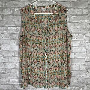 J. Jill women's sheer sleeveless top v- neck button front beachwear Size 2X